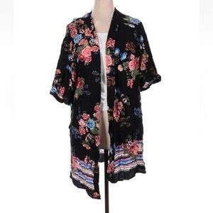 Anthropologie DR2 Boho Floral Kimono Duster Cardigan Black Red Blue Size S, M